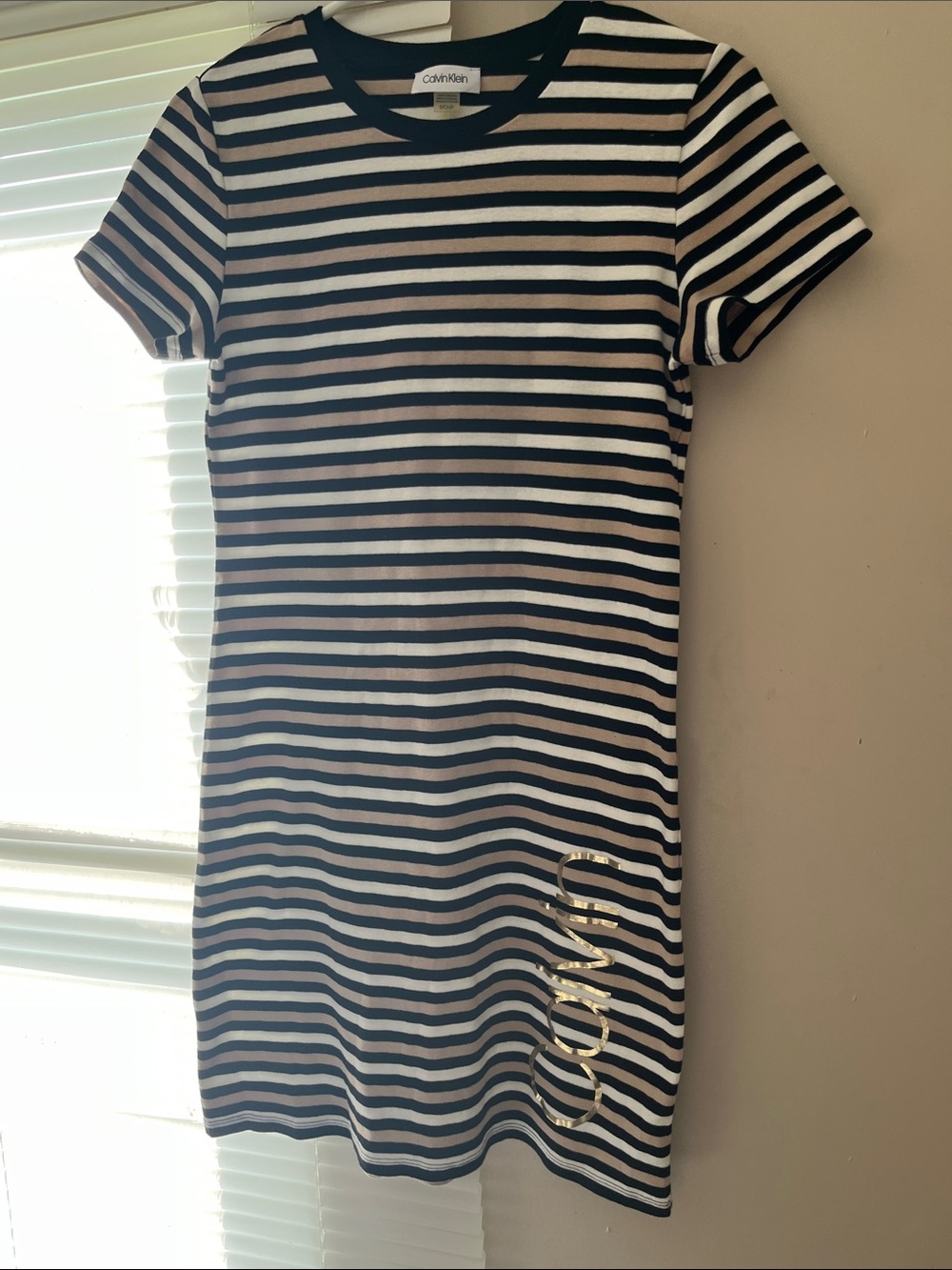 Calvin Klein Black and White Striped Tee Dress with Gold Logo Accent